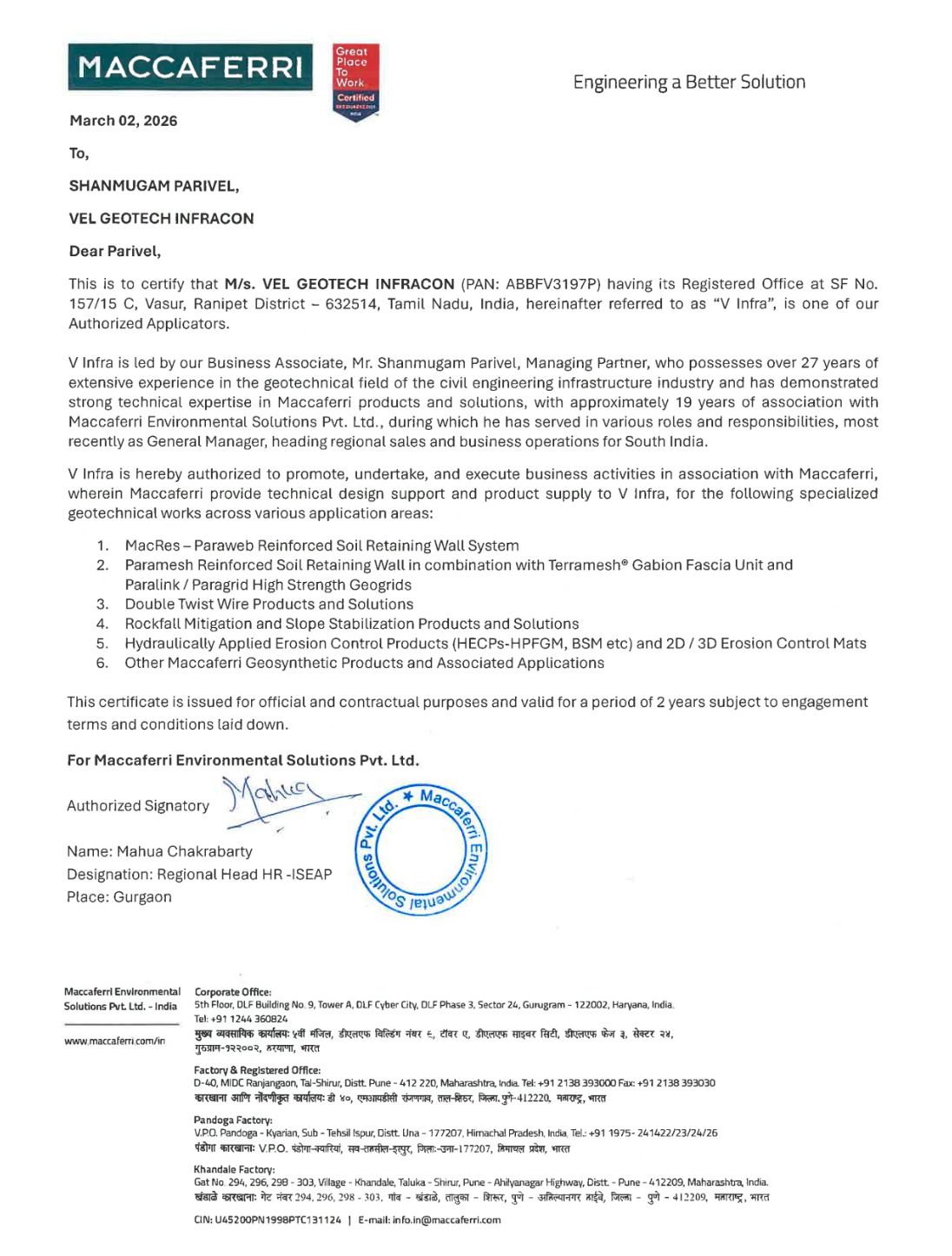 Maccaferri Authorized Applicator Certificate